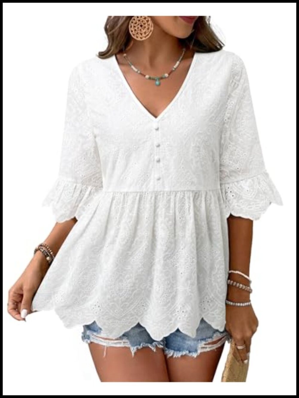Boho Eyelet Embroidered Ruffle Sleeve Blouse Cotton Peasant Babydoll Top for